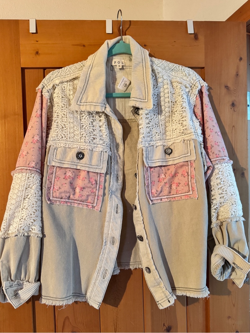 POL Mixed-Media Crochet & Floral Patchwork Jean Jacket in Beige and Pink